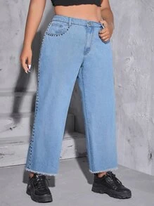Plus High Waist Raw Hem Straight Leg Jeans - Medium Wash - View 4
