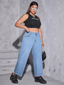 Plus High Waist Raw Hem Straight Leg Jeans - Medium Wash - View 5