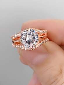 1入組魅力四射方晶鋯石裝飾戒指適用於女士適用於情人節禮品 - 玫瑰金 - 查看 3