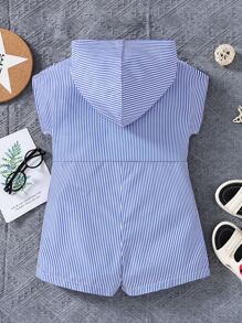 Toddler Boys Striped Print Flap Pocket Button Front Hooded Romper - Blue and White - View 2