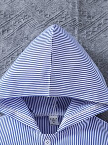 Toddler Boys Striped Print Flap Pocket Button Front Hooded Romper - Blue and White - View 3