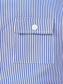 Toddler Boys Striped Print Flap Pocket Button Front Hooded Romper - Blue and White - View 6