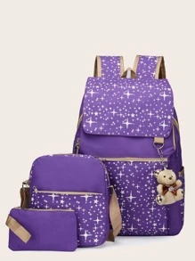 3pcs/set School Bag For Girls Backpack School Bag Star Printing Backpack Schoolbag Travel Bag Ruck - Purple - View 1
