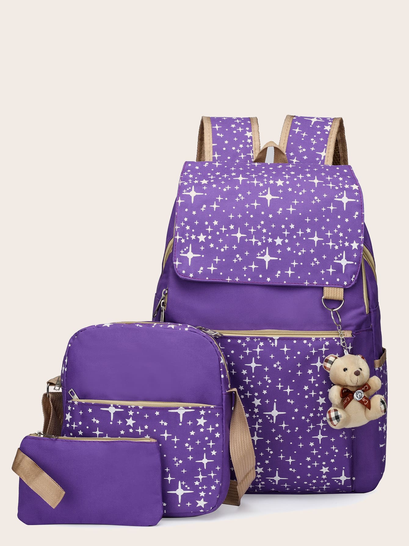 3pcs/set School Bag For Girls Backpack School Bag Star Printing Backpack Schoolbag Travel Bag Ruck - Purple - View 1