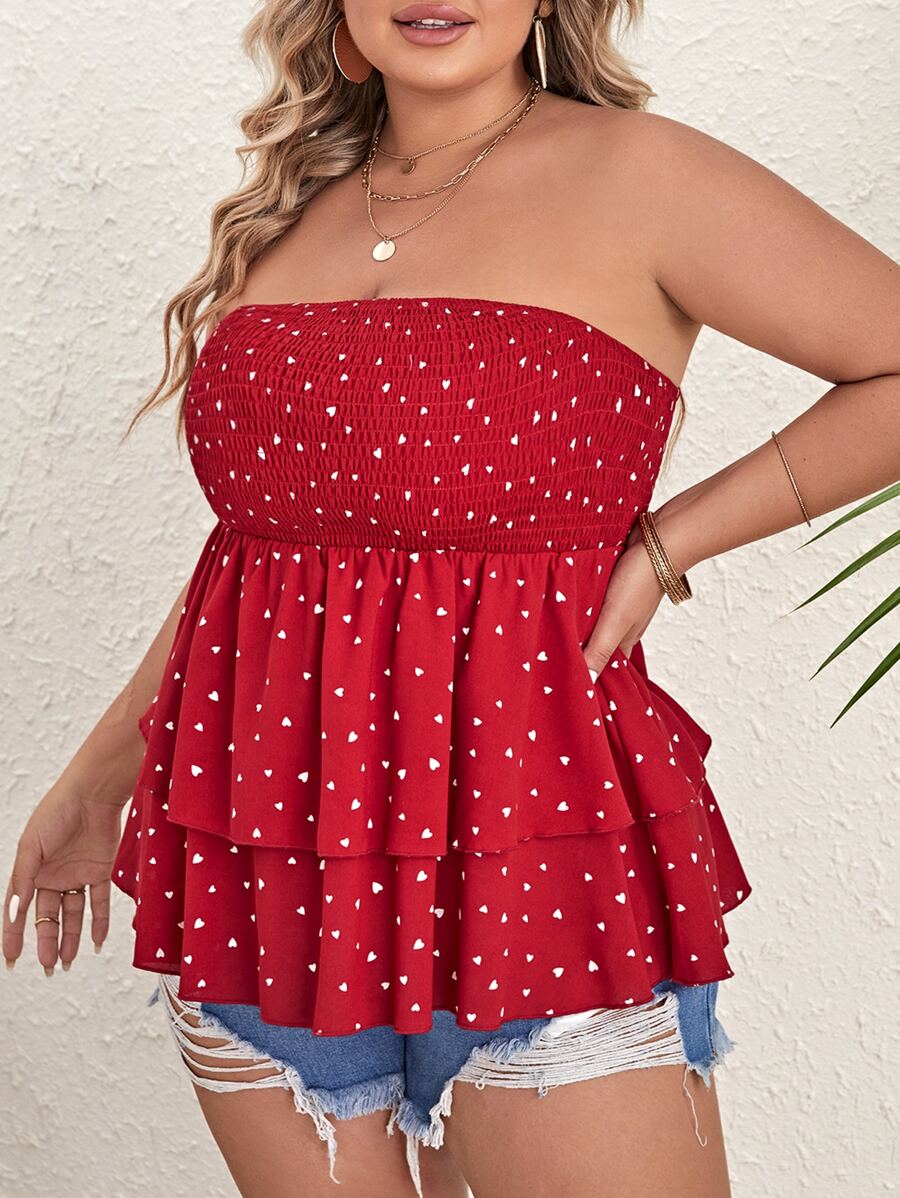 Dreamara Plus Heart Print Shirred Ruffle Hem Tube Top - Red - View 1