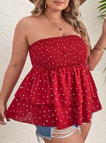 Dreamara Plus Heart Print Shirred Ruffle Hem Tube Top - Red - View 5