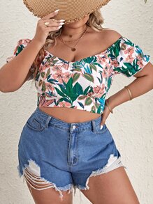 SHEIN VCAY Plus Floral Print Off Shoulder Crop Blouse