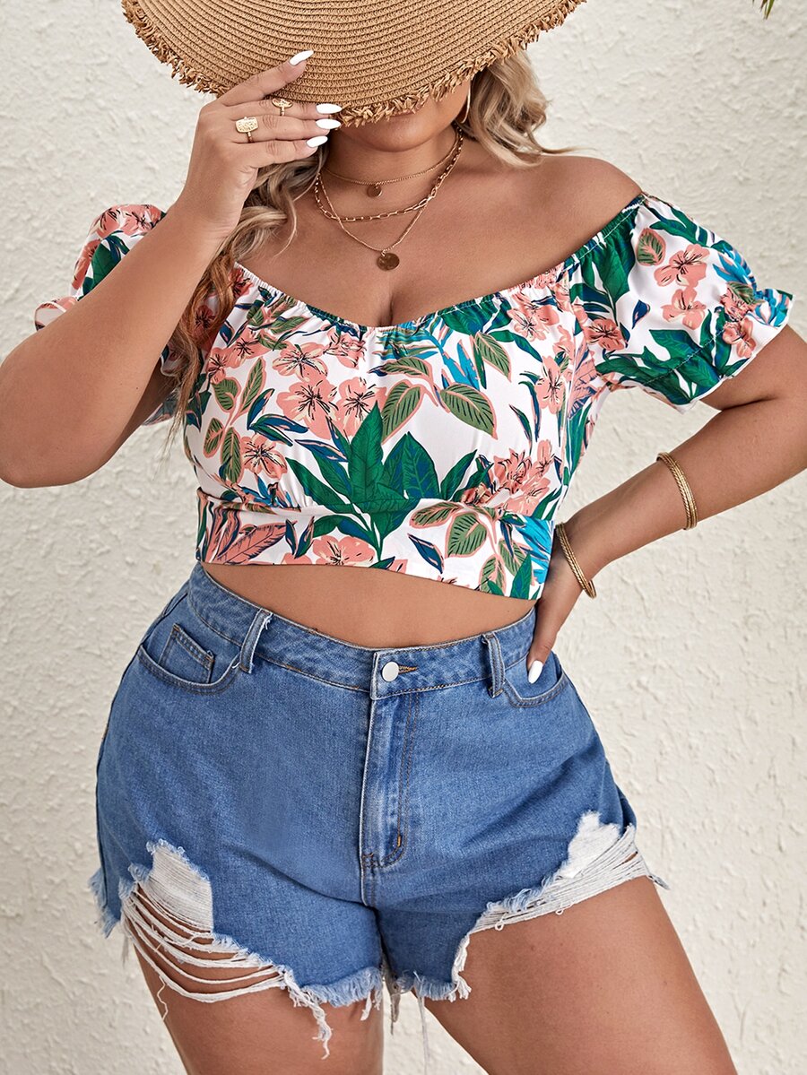 SHEIN VCAY Plus Floral Print Off Shoulder Crop Blouse