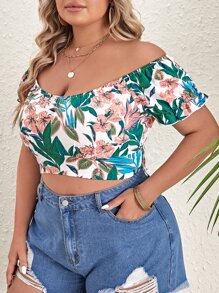 SHEIN VCAY Plus Floral Print Off Shoulder Crop Blouse