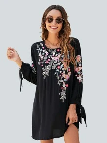 Floral Knot Cuff Tunic Dress - Black - View 1