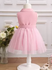 SHEIN Elladie kids Baby Girl Double Button Mesh Hem Belted Dress - Baby Pink - View 2