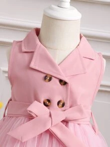 SHEIN Elladie kids Baby Girl Double Button Mesh Hem Belted Dress - Baby Pink - View 3