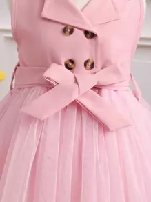 SHEIN Elladie kids Baby Girl Double Button Mesh Hem Belted Dress - Baby Pink - View 4