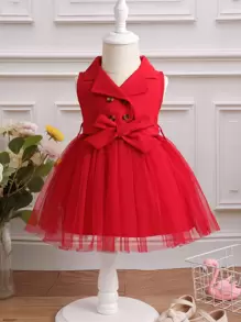 SHEIN Elladie kids Baby Girl Double Button Mesh Hem Belted Dress