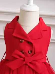 SHEIN Elladie kids Baby Girl Double Button Mesh Hem Belted Dress