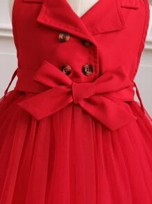 SHEIN Elladie kids Baby Girl Double Button Mesh Hem Belted Dress