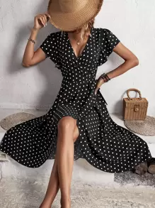 SHEIN VCAY Đầm Thắt nút Viên lá sen Trọn gói Chấm bi Giải trí - màu đen - Xem 1