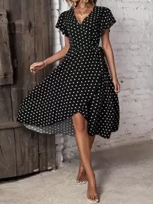 SHEIN VCAY Đầm Thắt nút Viên lá sen Trọn gói Chấm bi Giải trí - màu đen - Xem 3