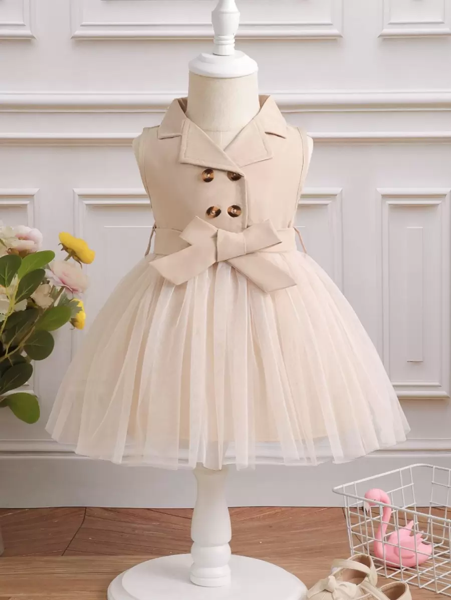 SHEIN Glamorique Kids 嬰兒雙排釦網紗邊繫腰帶連衣裙 - 杏色 - 查看 1