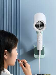 1pc Punch Free Wall Mounted Hair Dryer Rack, Simple Plastic Hair Dryer Holder For Bathroom - Green - View 5