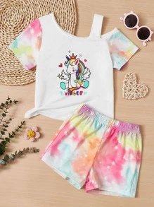 SHEIN Bộ thời trang bé gái Bất đối xứng Hoạt hình Cà vạt nhuộm Giải trí - Nhiều màu - Xem 1