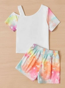 SHEIN Bộ thời trang bé gái Bất đối xứng Hoạt hình Cà vạt nhuộm Giải trí - Nhiều màu - Xem 2