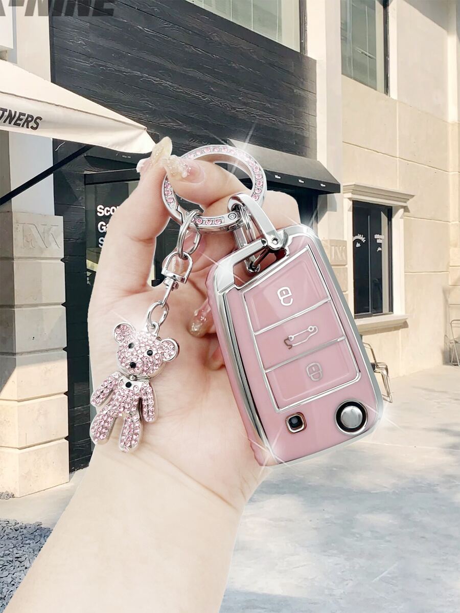 1set Rhinestone Decor Bear Keychain & Car Key Case Compatible With Volkswagen, Key Fob Cover - Pink - View 1