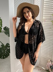 SHEIN Swim Curve Kimono con encaje con parte delantera abierta - Negro - Ver 4