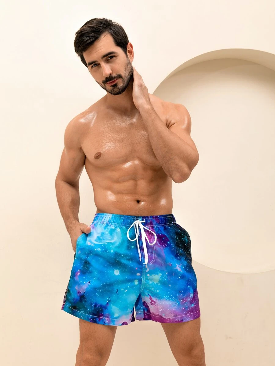 Manfinity Men Galaxy Print Drawstring Waist Swim Trunks - Multicolor - View 1