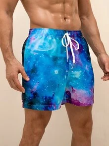Manfinity Men Galaxy Print Drawstring Waist Swim Trunks - Multicolor - View 4