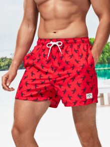 Manfinity Quần short nam đi biển Dây kéo Thú vật Tất cả trên in Boho - Đỏ - Xem 1