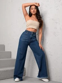 SHEIN Essnce High Waist Raw Hem Wide Leg Jeans