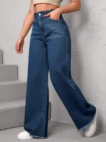 SHEIN Essnce High Waist Raw Hem Wide Leg Jeans
