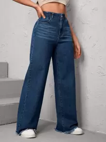 SHEIN Essnce High Waist Raw Hem Wide Leg Jeans