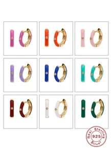 1對時尚方晶鋯石裝飾銀圓耳環適合女士日常裝飾 - 粉色 - 查看 1