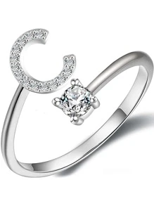 ESBERRY 1入組縮寫字母A-Y可調節戒指適合女士S925純銀個性化環精細首飾類生日禮物 - 銀色 - 查看 7