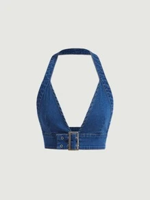SHEIN ICON Buckle Detail Backless Halter Denim Top - Medium Wash - View 1