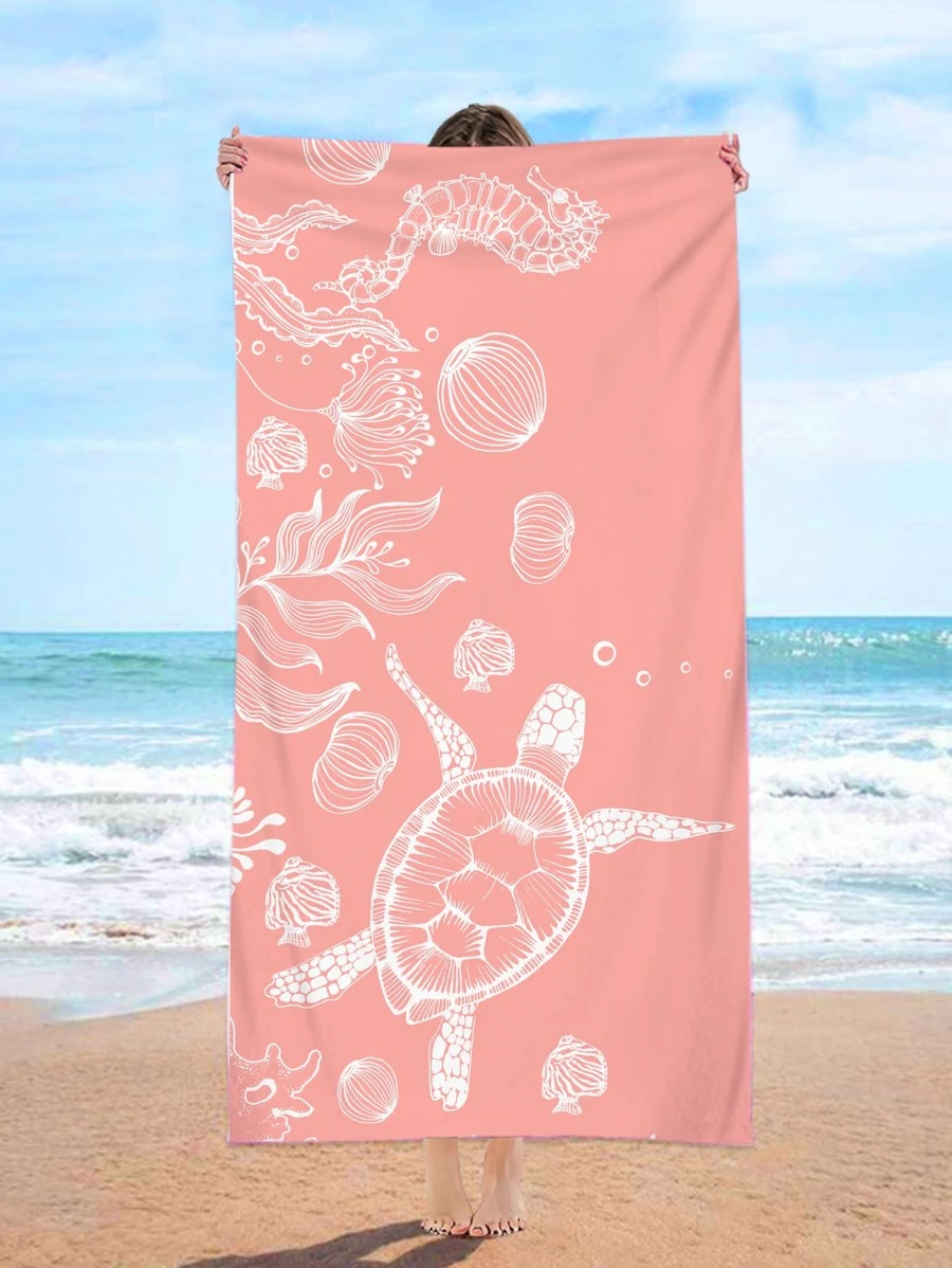 1pc Sea Turtle Pattern Beach Towel, Fabric Rectangle Travel Beach Towel For Swimming, Diving, Summer - Multicolor - View 1