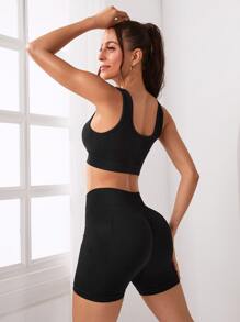 Yoga Basic Conjunto deportivo unicolor tejido de canalé - Negro - Ver 2