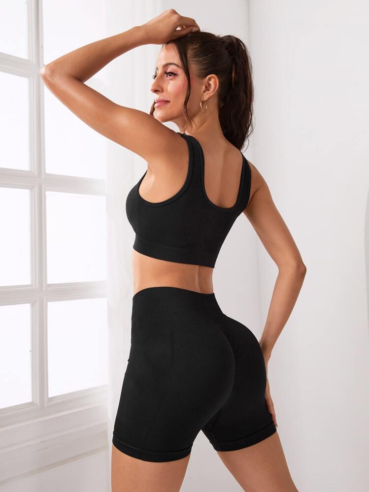 Yoga Basic Ensemble De Sport Unicolore Côtelé - Noir - Voir 2