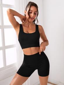 Yoga Basic Conjunto deportivo unicolor tejido de canalé - Negro - Ver 3