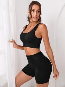 Yoga Basic Conjunto deportivo unicolor tejido de canalé - Negro - Ver 4