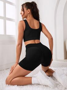 Yoga Basic Conjunto deportivo unicolor tejido de canalé - Negro - Ver 6
