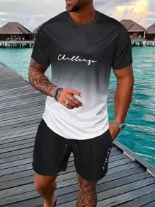 Manfinity Homme Men Letter Graphic Ombre Tee & Drawstring Waist Shorts - Black and White - View 1