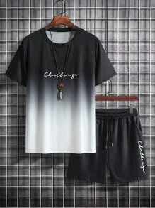 Manfinity Homme Men Letter Graphic Ombre Tee & Drawstring Waist Shorts - Black and White - View 5