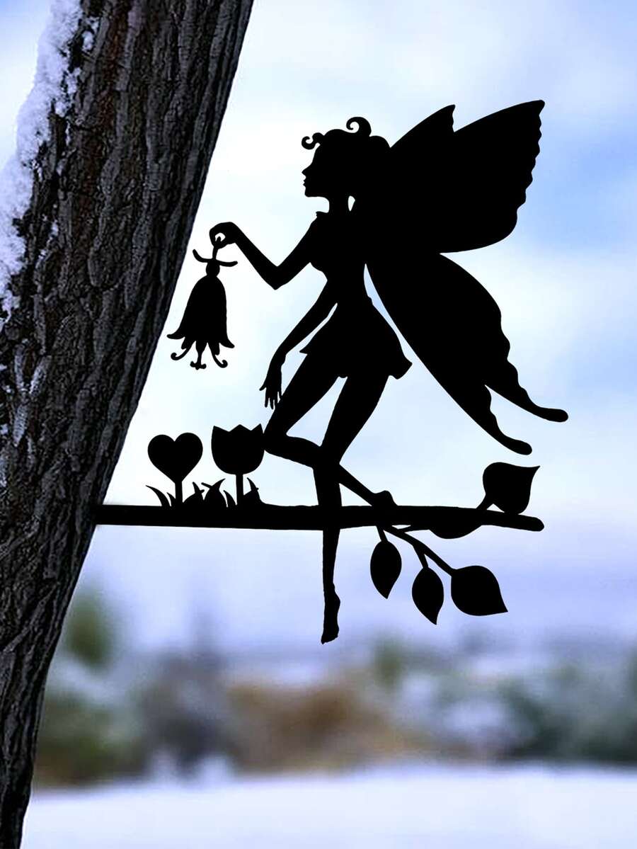 1pc Iron Garden Ornament, Creative Spirit Design Statue For Garden - Black - View 1