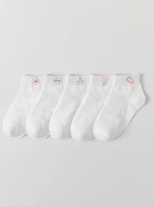 5雙小女童卡通兔子頭和花卉圖案可愛短襪適用於日常 - 彩色 - 查看 1
