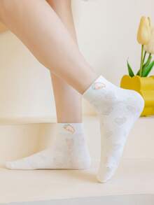 5雙小女童卡通兔子頭和花卉圖案可愛短襪適用於日常 - 彩色 - 查看 3