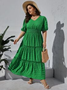 SHEIN VCAY 大碼泡泡袖褶邊荷葉邊連衣裙 - 綠色 - 查看 3