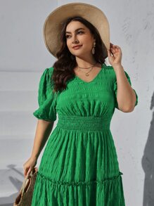 SHEIN VCAY 大碼泡泡袖褶邊荷葉邊連衣裙 - 綠色 - 查看 4
